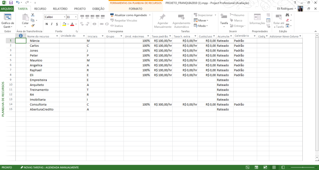Tela6 - Planilha de recursos - CRONOGRAMA MS-PROJECT